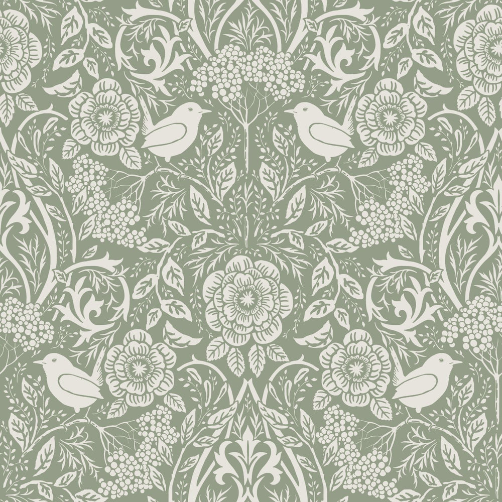 Vintage Flowers - Vintage Birds botanical wallpaper Esta Roll Green  139293