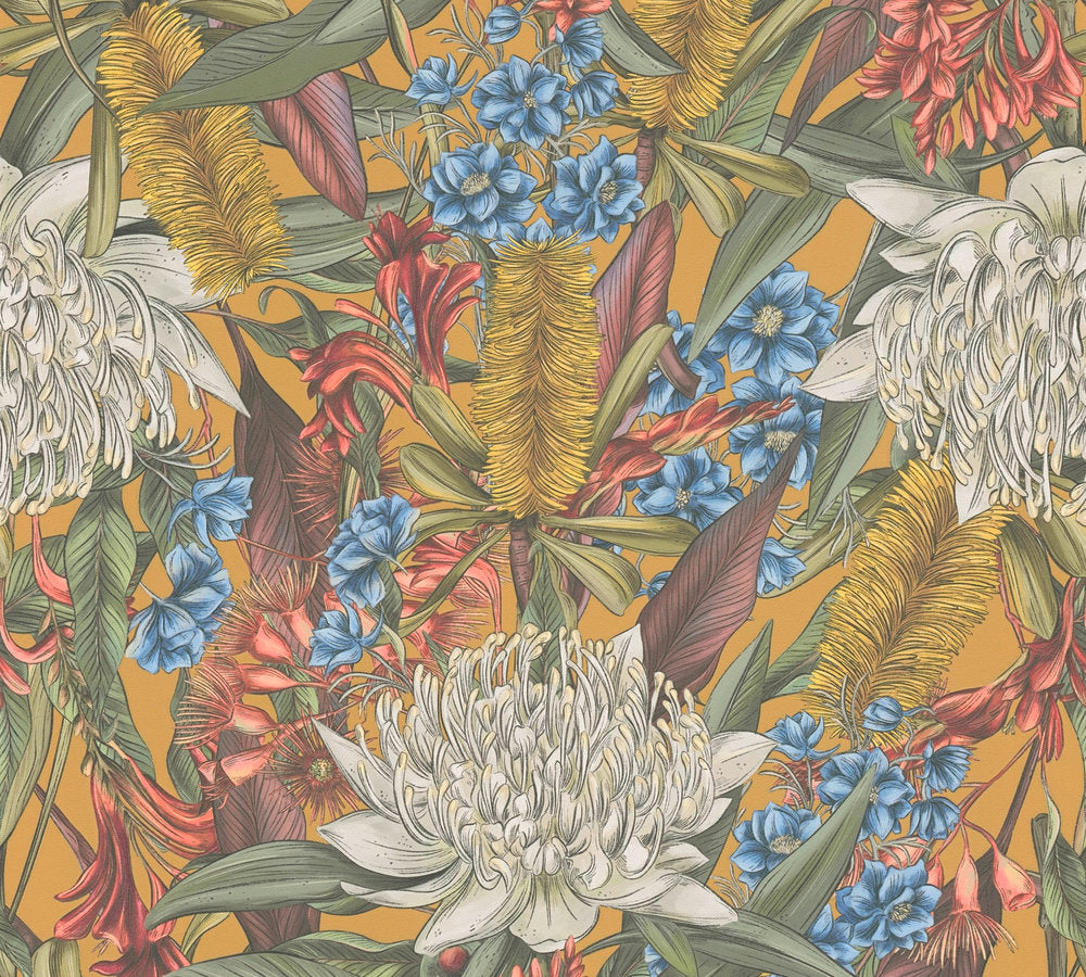 Drawn Into Nature - Flower Power botanical wallpaper AS Creation Roll Yellow  394284