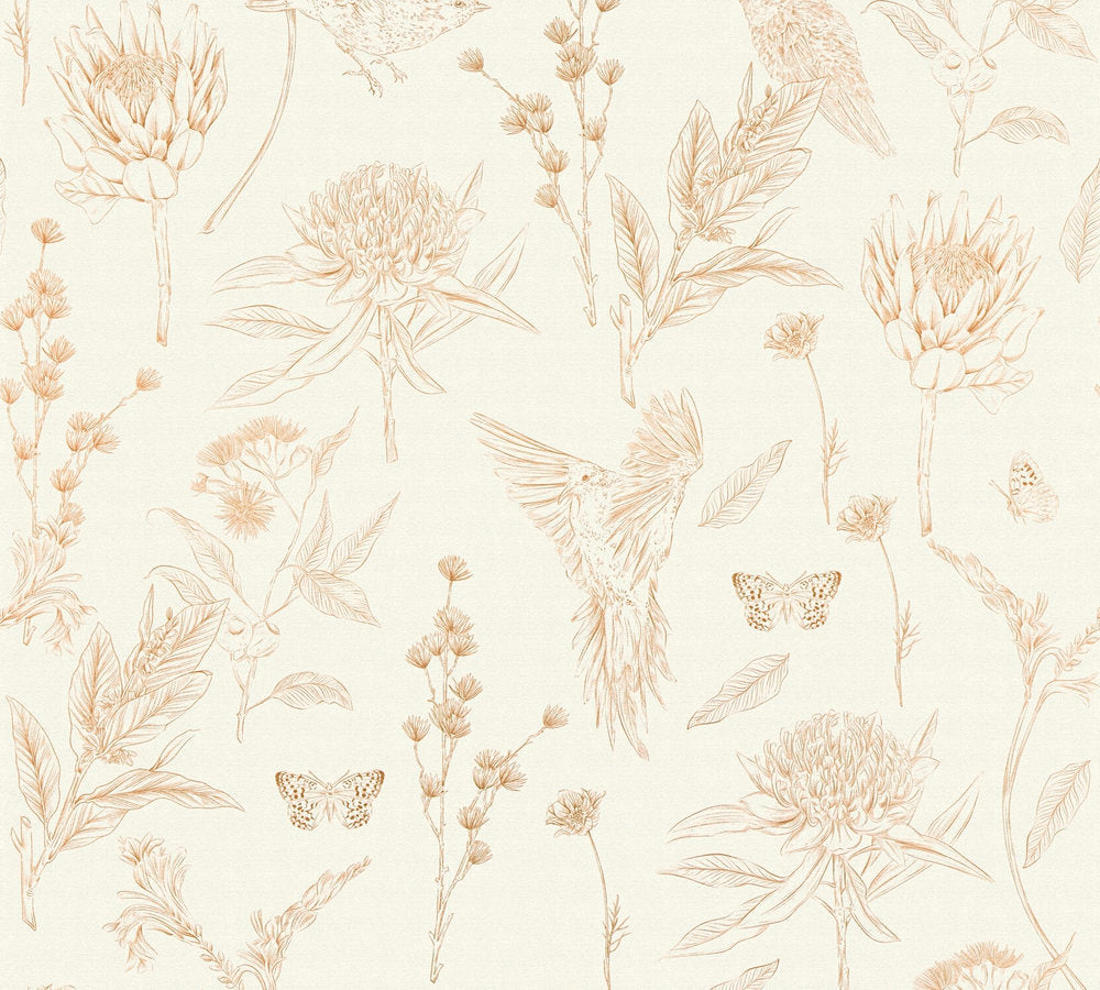 Drawn Into Nature - Birds of Nature botanical wallpaper AS Creation Roll Orange  394291