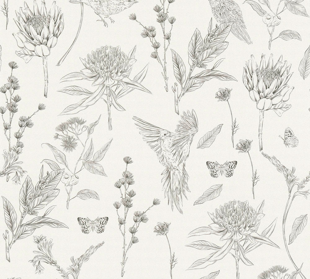 Drawn Into Nature - Birds of Nature botanical wallpaper AS Creation Roll Black  394292