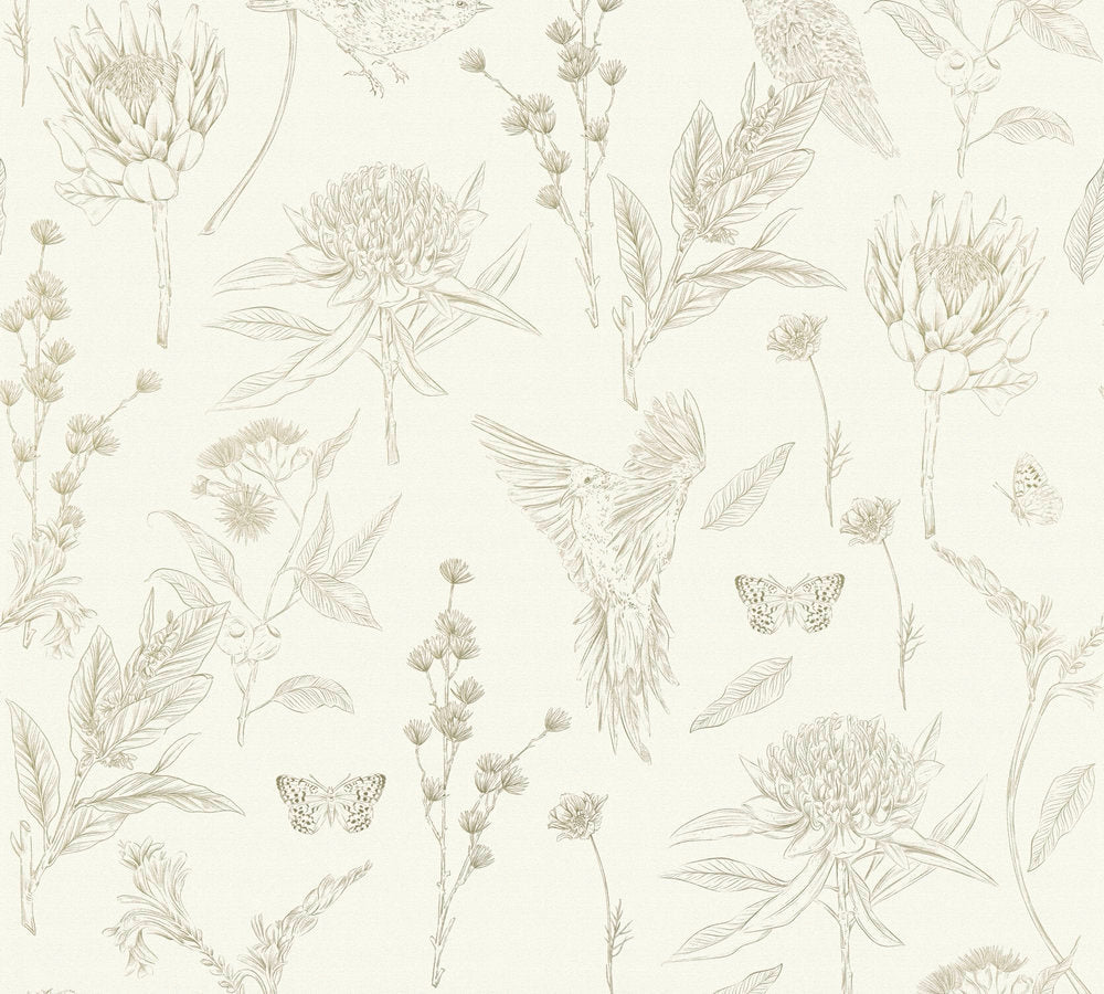 Drawn Into Nature - Birds of Nature botanical wallpaper AS Creation Roll Light Green  394293