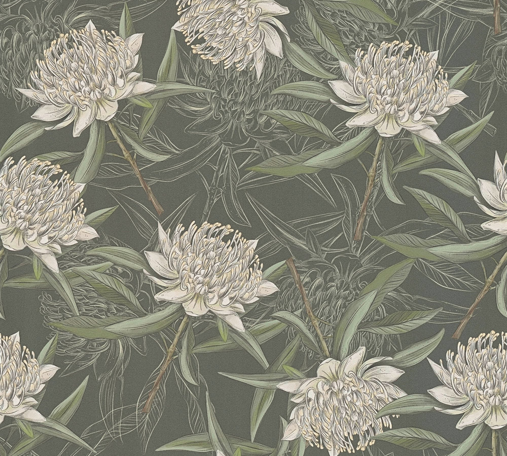 Drawn Into Nature - Full Bloom botanical wallpaper AS Creation Roll Black  394321