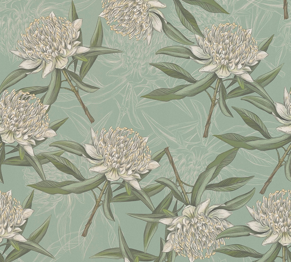 Drawn Into Nature - Full Bloom botanical wallpaper AS Creation Roll Green  394322