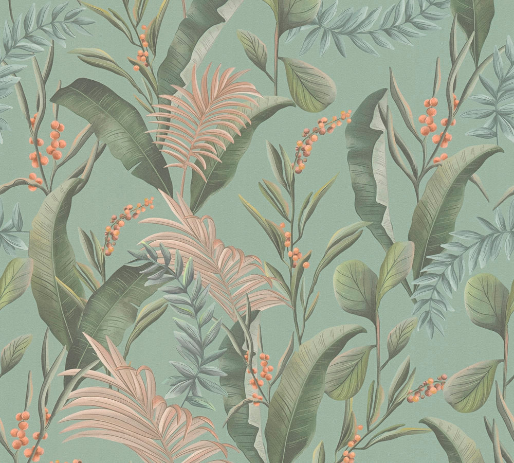 Drawn Into Nature - Jungle botanical wallpaper AS Creation Roll Teal  394364