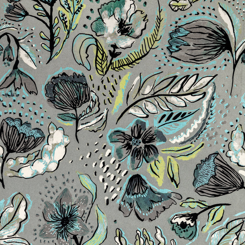 Salt & Pepper - Felice Flock botanical wallpaper Hohenberger Roll Grey/Turquoise  81334